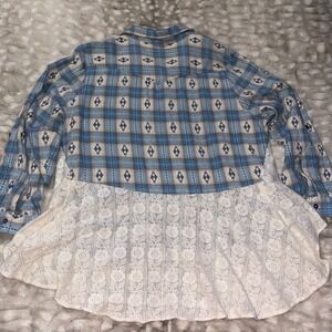 Back in the Saddle Blue Aztec Plaid Lace Back Shirt Women's 1X